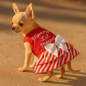 Red Mommy Lil Present Dog Dress Puppy Pet Clothes Sparkly Bow Holiday‎